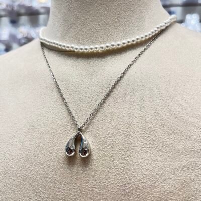 Collar Acero Perla y Diamantes