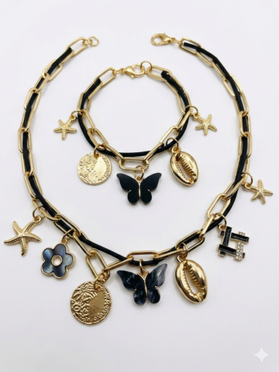 Collar y Pulsera Charms Black & Golden III